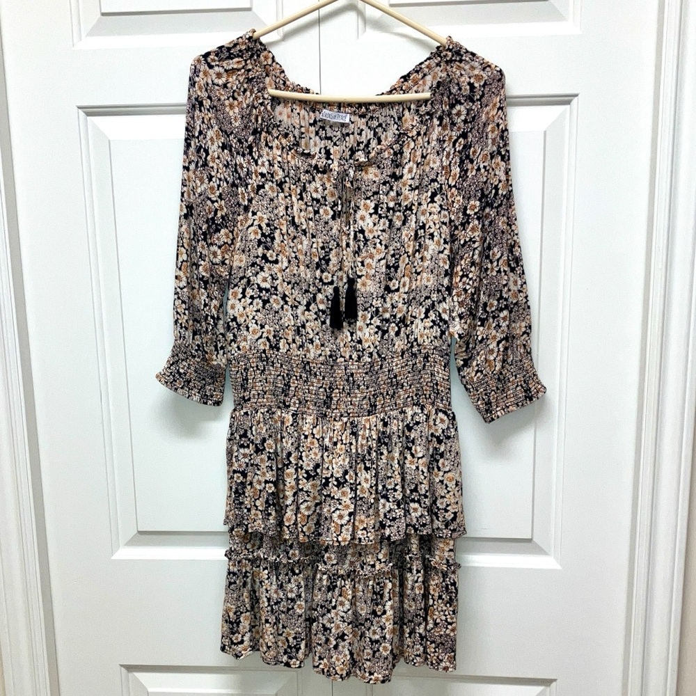 Patrons of Peace floral mini dress, shirred ruched waist & sleeves, tiered skirt